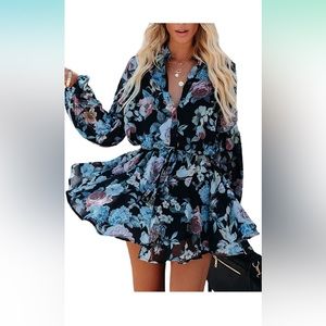 Anloli Floral Boho Button down ruffle tie waist mini dress